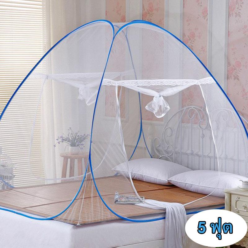 มุ้งสปริง มุ้งกันยุง มุ้งเต้นท์ Pop Up สีขาว กางอัตโนมัติ ขนาด 5 ฟุต (150 x 200 Cm.) ตราช้าง
