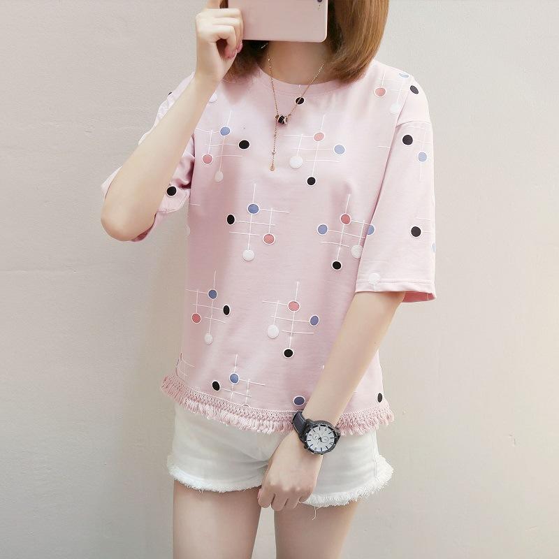 เสื้อยืดแฟชั่นผู้หญิง แขนสั้น ผ้า Cotton100% ลายจุด แต่งชายถัก สวยเก๋มาก รุ่น 830alibaba shop