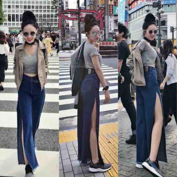 Runway jeans ขากระบอกฝ่าด้านข้าง เอวสูง ผ้ายีนส์ไม่ยืด ตัดปลายขา สี ยีนส์เข้ม