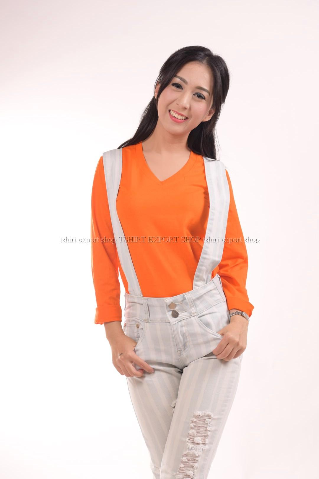 t-shirt export เสื้อยืดแฟชั่น ผู้หญิง / ผู้ชาย ทรงตรง T-Shirt คอวี แขนยาว สีส้ม