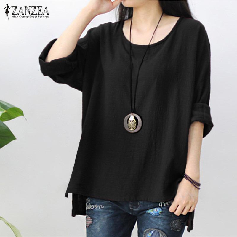 ZANZEA ผู้หญิงย้อนยุคโอคอแขนยาวแยกกระโปรงผ้าฝ้ายลินินลำลองพรรค Kaftan เสื้อพลัสขนาด (สีดำ)