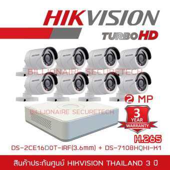 Hikvision ชุดกล้องวงจรปิด 8 ช่อง 2MP DS-7108HQHI-K1 + DS-16D0T-IRFx8 (3.6 mm)