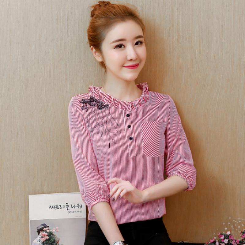 เสื้อยืดผู้หญิงลายทาง แขนยาวปานกลาง สไตล์สาวเกาหลี