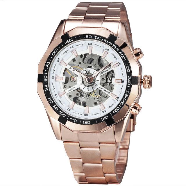 FORSINING แบรนด์หรู Uhr ผู้ชายโครงกระดูกอัตโนมัติเชิงกลนาฬิกาสแตนเลสสตีลเหล้าองุ่นผู้ชายนาฬิกาข้อมือธุรกิจ - นานาชาติ