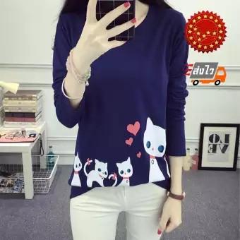 เสื้อยืดแฟชั่นผู้หญิง คอกลม แขนยาว ผ้าเนื้อดี ลายครอบครัวแมวสุขสันต์ น่ารักๆ