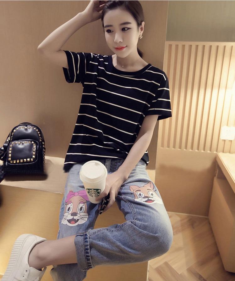 เสื้อยืดแฟชั่นเกาหลี แขนสั้น ลายทาง