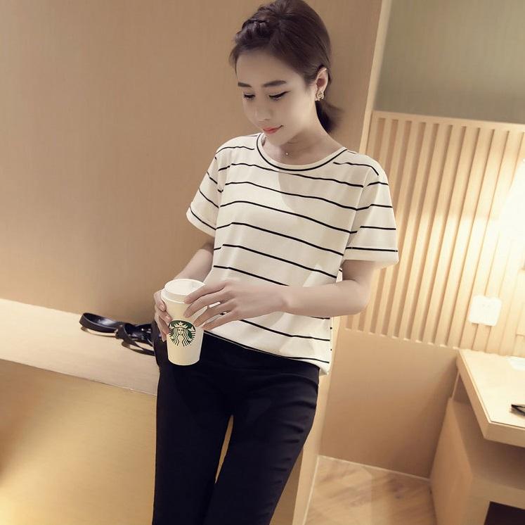 เสื้อยืดแฟชั่นเกาหลี แขนสั้น ลายทาง