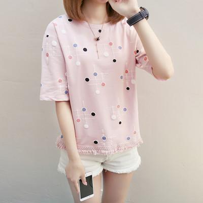 เสื้อยืดแฟชั่นผู้หญิง แขนสั้น ผ้า Cotton100% ลายจุด แต่งชายถัก สวยเก๋มาก(PINK)