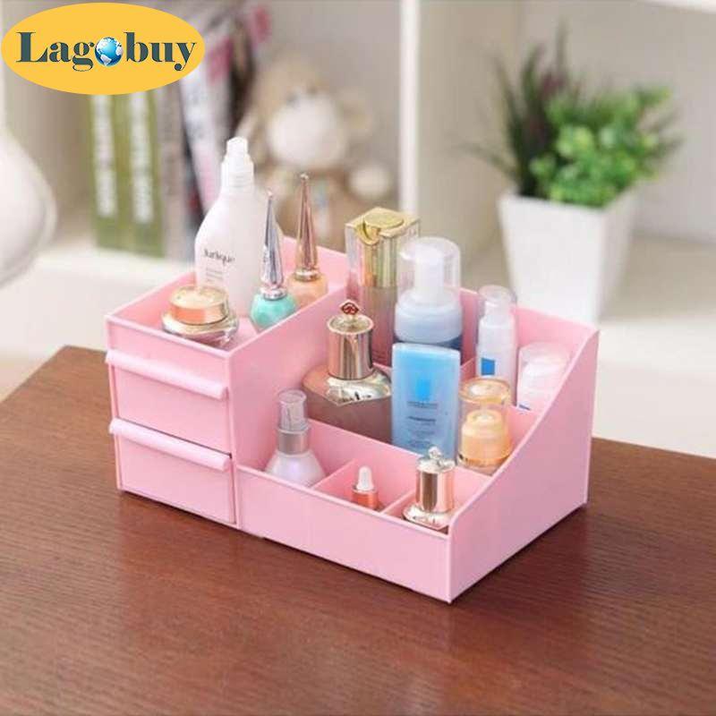 Lagobuy Multi Lattices สีชมพูเก็บกระเป๋าเครื่องสำอางแต่งหน้ากล่องแปรงเครื่องประดับกระเป๋าเครื่องสำอางจัด