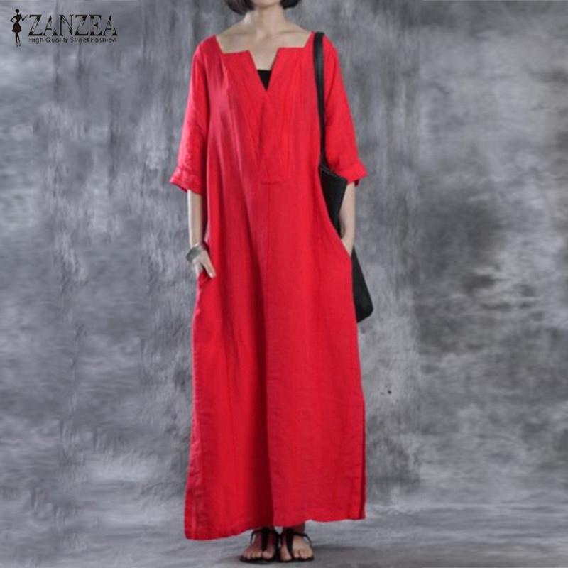 ZANZEA ผู้หญิงหลวมกระโปรงยาวแม็กซิชุด 3/4 แขนด้านข้างแยกขนาดใหญ่ Vestidos สีขาว-นานาชาติเสื้อผ้าแฟชั่นชุดเดรสชุดเดรสออกงาน