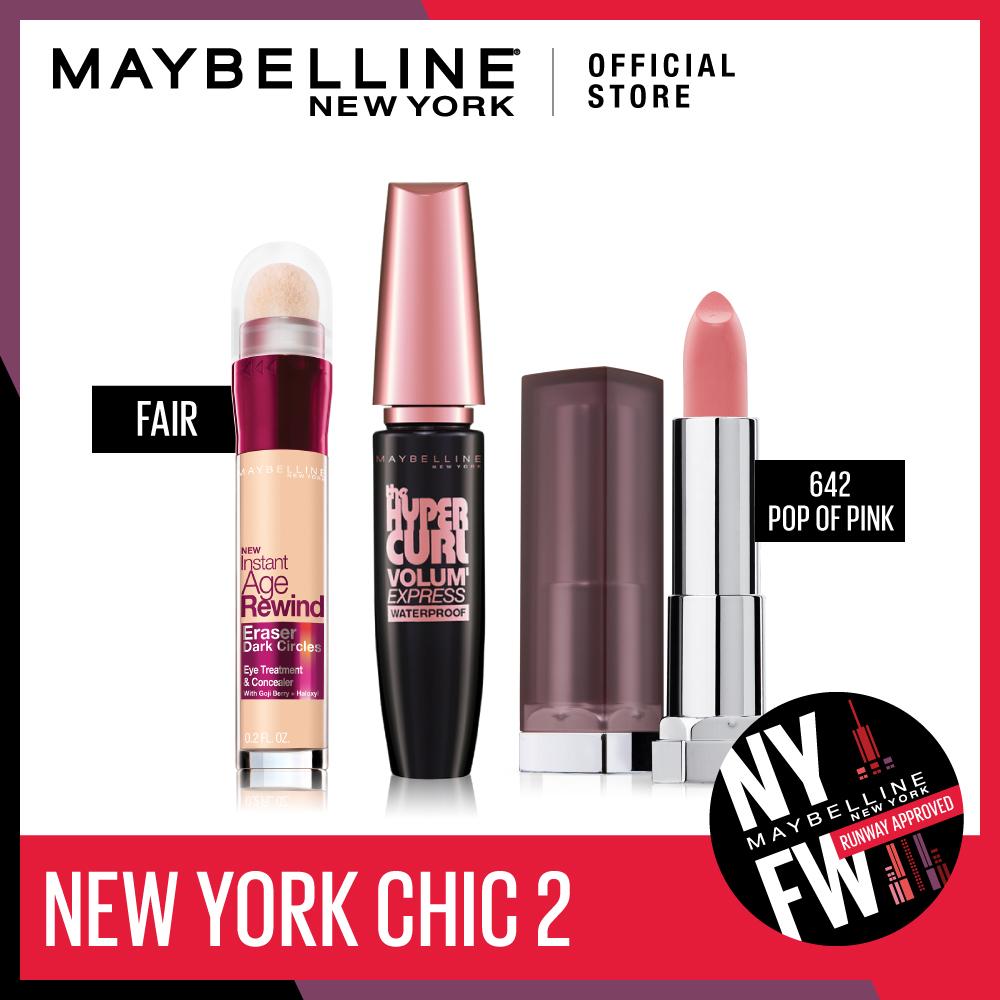 New York Chic #2 MAYBELLINE NEW YORK LIPSTICK THE CREAMY MATTES BY COLORSENSATIONAL 642 Pop of Pink+VOLUM’ EXPRESS THE HYPERCURL MASCARA Waterproof Very Black 9.2 ml.+INSTANT AGE REWIND CONCEALER - FAIR New York Chic #2 MAYBELLINE NEW YORK LIPSTICK THE CREAMY MATTES BY COLORSENSATIONAL 642 Pop of Pink+VOLUM’ EXPRESS THE HYPERCURL MASCARA Waterproof Very Black 9.2 ml.+INSTANT AGE REWIND CONCEALER - FAIR