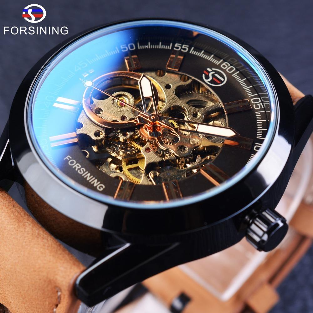 Forsining นาฬิกาข้อมือผู้ชาย สายหนังน้ำตาลอ่อน ระบบกลไกแบบออโตเมติก Skeleton Automatic Mechanical