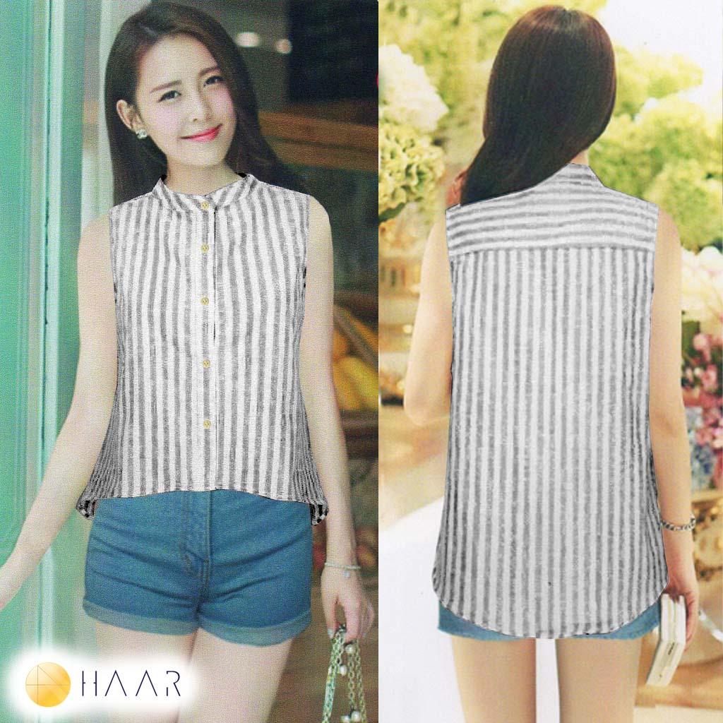 HAAR เสื้อผ้า แฟชั่น งานไทย เสื้อ เบลาส์ คอจีน แขนกุด ลายทาง หน้าสั้น หลังยาว ลายทาง แนวตั้ง แนวดิ่ง ทรงเอ อำพรางหน้าท้อง ไม่เห็นพุง กระดุมไม้ ด้านหน้า ผ้าฟอก คุณภาพดี สวมใส่ นุ่มสบาย ฟรีไซส์ - ใส่ไปเที่ยว