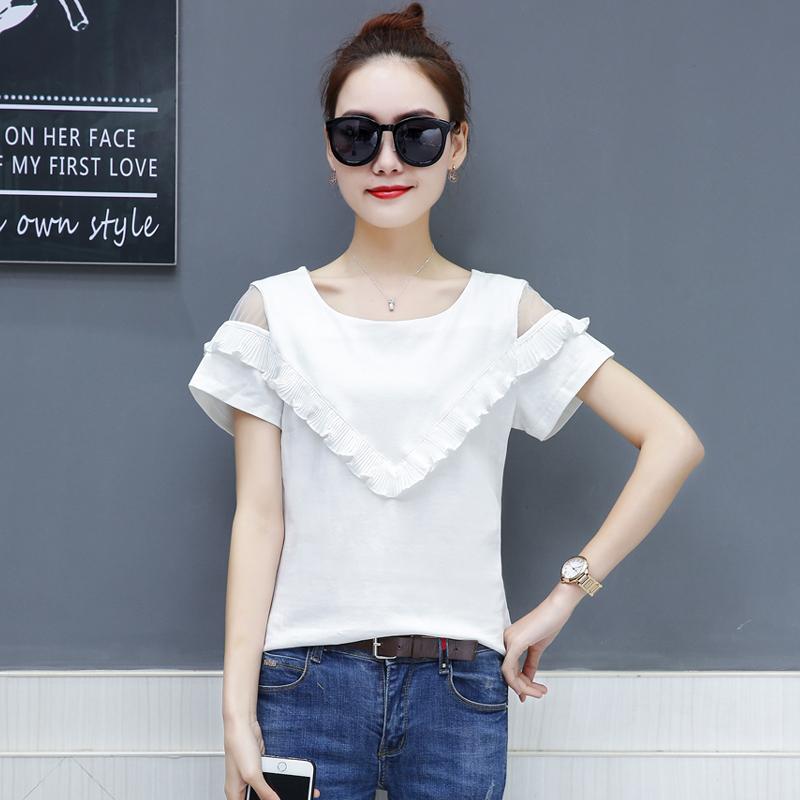 Lace Hollow Mesh round Neck SHORT-แขน T-shirt FEMALE เสื้อยืดผู้หญิง คอเสื้อลูกไม้