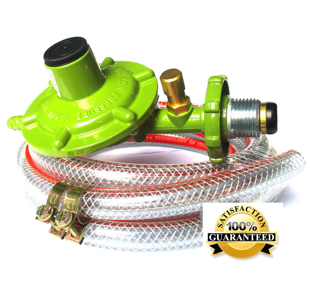Lucky flame หัวปรับแก๊สแรงดันต่ำ มีเซฟตี้ รุ่น L-326 safetyพร้อมสายแก๊สเสริมไนล่อนยาว 2 ม.กิ๊พรัดสาย2ตัว (Green)