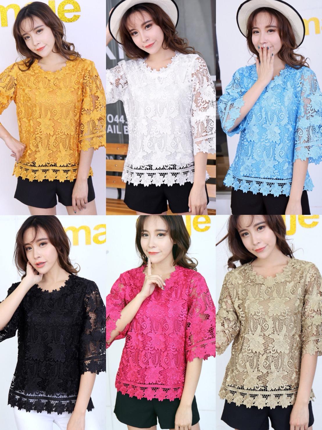 ไซส์ใหญ่ 38-50 นิ้ว เสื้อลูกไม้ แขนกระดิ่ง (ขาว ฟ้า ครีม แดง ม่วง เทา แดง ดำ โอรส) A073