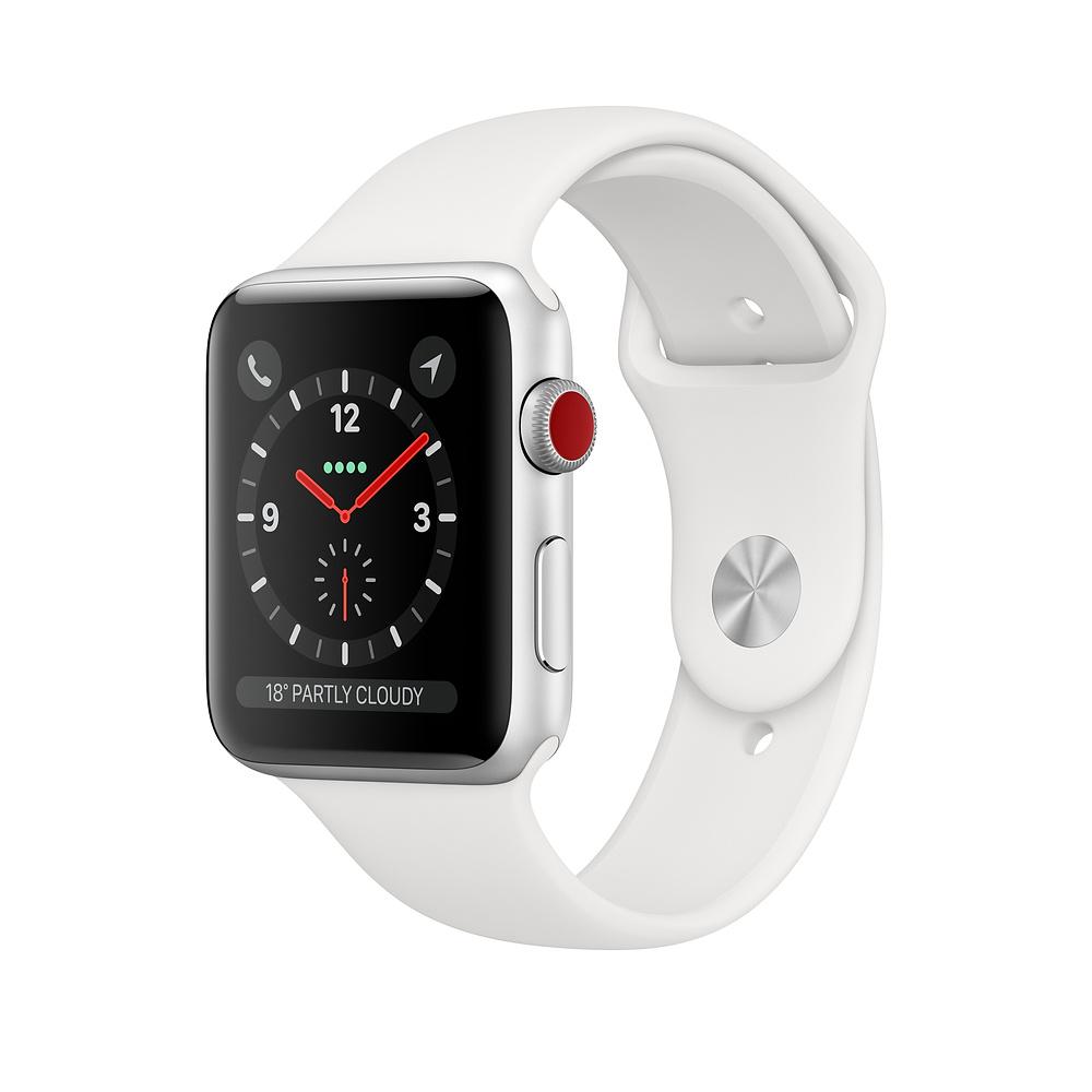 Apple Watch Series 3 GPS+Cellular, 42mm Silver Aluminium Case with White Sport Band Apple Watch Series 3 GPS+Cellular, 42mm Silver Aluminium Case with White Sport Band