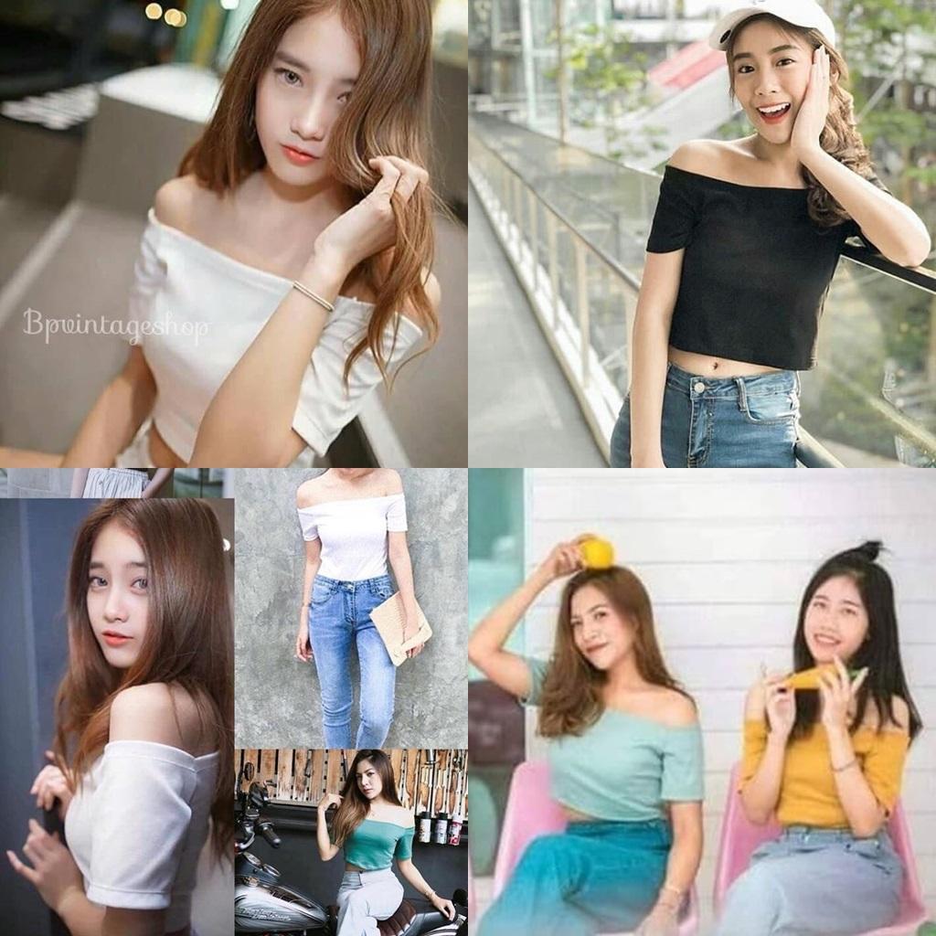 เสื้อครอปเปิดไหล่ แขนสั้น เอวลอย