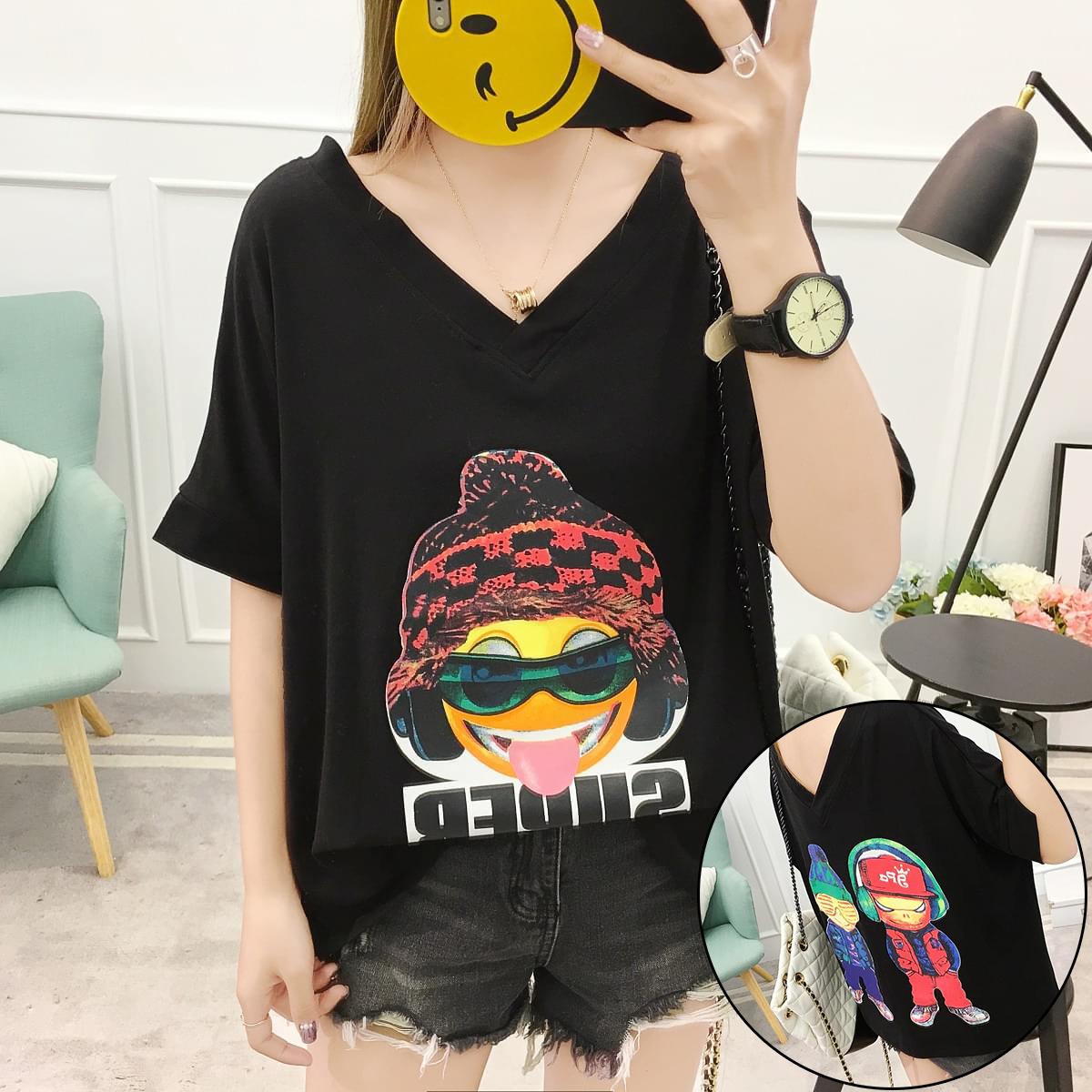 2018 เสื้อผ้าแฟชั่น ใหม่แฟชั่นเสื้อตัวเล็ก V คอเสื้อผ้าหญิงไซส์พิเศษไซส์ใหญ่พิเศษเสื้อผ้าหญิงหลวมนักเรียนเสื้อยืดแขนสั้นหญิงออลจัง