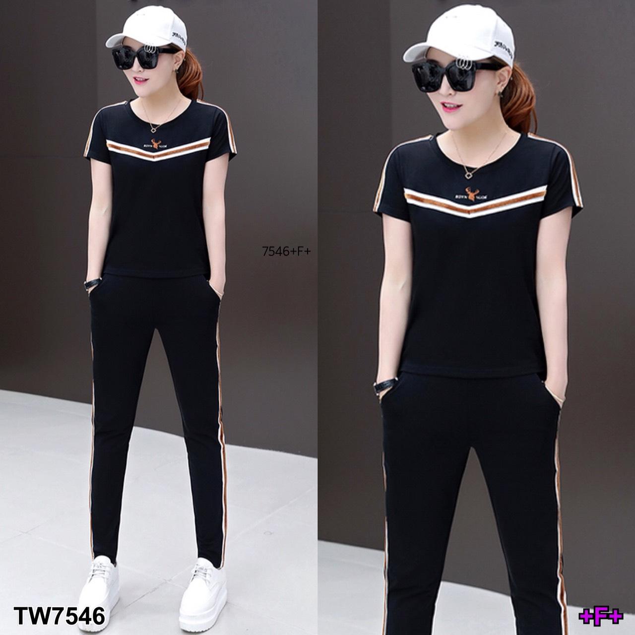 TW7546 Set 2 ชิ้น เสื้อแขนสั้นแต่งแถบ+กางเกงขายาว **สอบถามก่อนสั่งซื้อ**