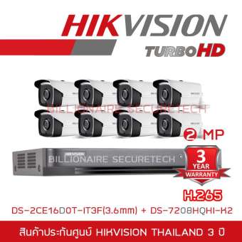 HIKVISION ชุดกล้องวงจรปิด 2 MP DS-7208HQHI-K2 + DS-2CE16D0T-IT3F*8 (3.6 mm)