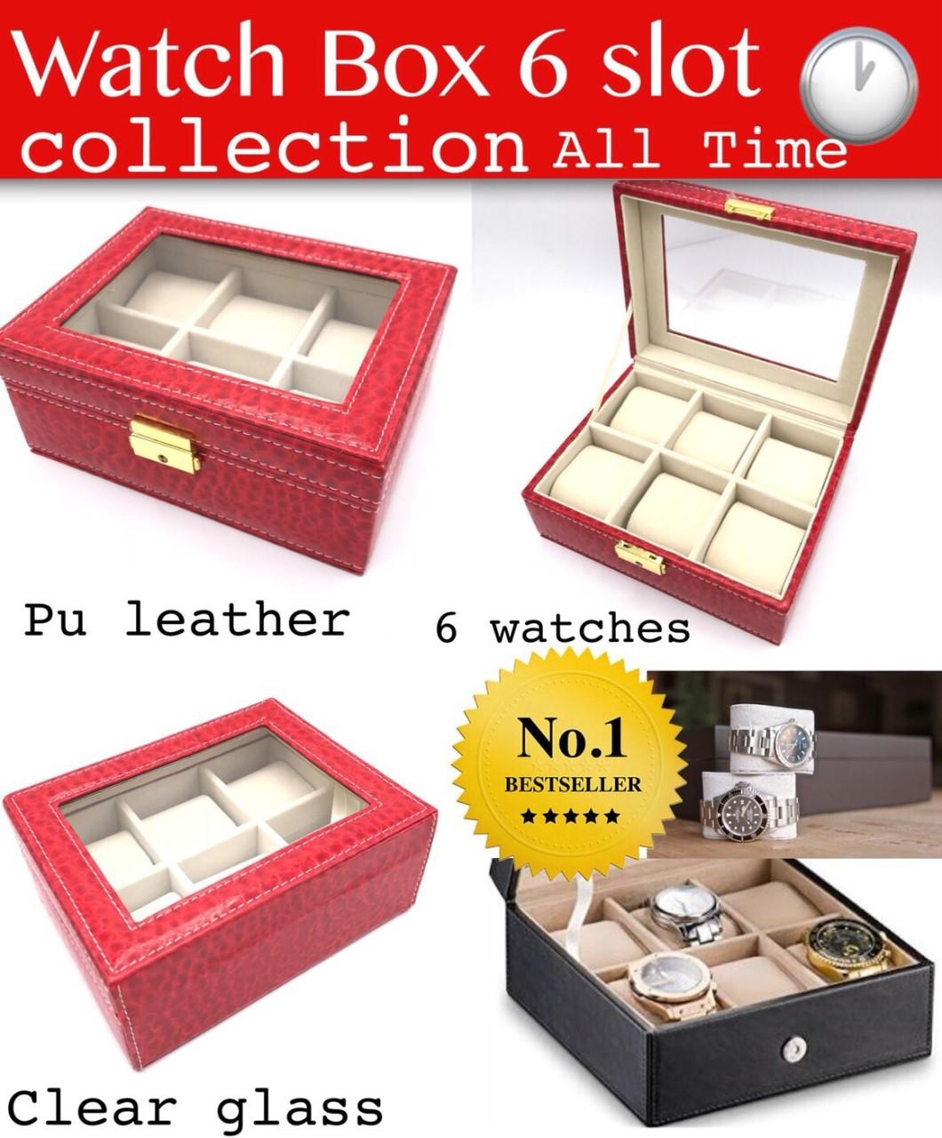 Namita Watch Box 6 slot กล่องเก็บนาฬิกา หนังแดง Pu กระจกใสเย็บตะเข็บขาว 6 ช่อง เก็บได้ 6 เรือน วัสดุคุณภาพดี
