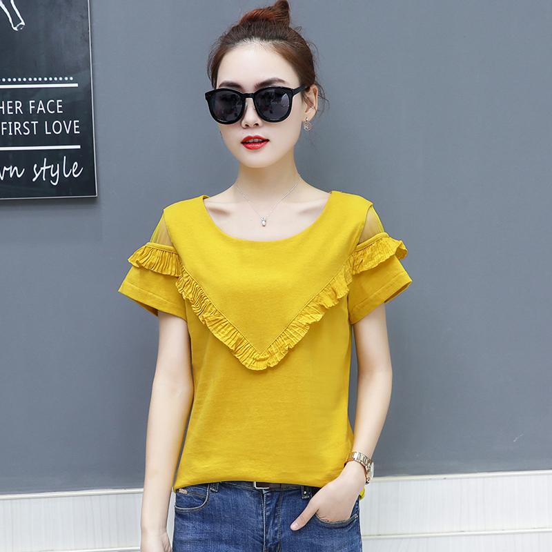 Lace Hollow Mesh round Neck SHORT-แขน T-shirt FEMALE เสื้อยืดผู้หญิง คอเสื้อลูกไม้ Lace Hollow Mesh round Neck SHORT-แขน T-shirt FEMALE เสื้อยืดผู้หญิง คอเสื้อลูกไม้