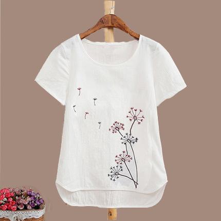 เสื้อผ้าฝ้ายแขนสั้นผู้หญิงพลัสไซส์ ปักลาย สีขาว