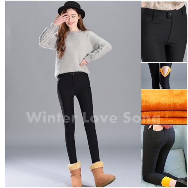 สกินนี่บุขน สกินนี่กันหนาว กางเกงขายาวบุขน กางเกงกันหนาว แม้อุณหภูมิติดลบ Skinny Wool รุ่น แต่งกระดุมสีดำ 2 ระดับ และซิป (สีดำ)