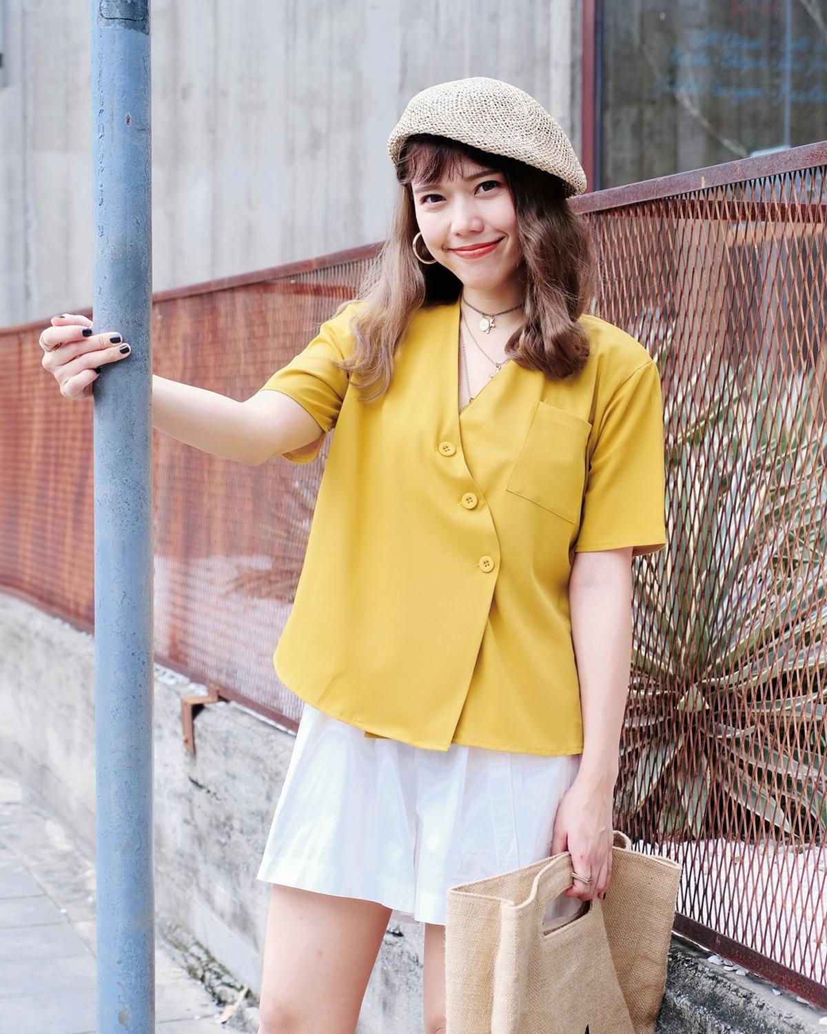 TP706-wrap front short sleeve top เสื้อเชิ้ตปกดุมเฉียงแขนสั้น สีม่วง สีเขียว สีส้ม สีเหลือง TP706-wrap front short sleeve top เสื้อเชิ้ตปกดุมเฉียงแขนสั้น สีม่วง สีเขียว สีส้ม สีเหลือง