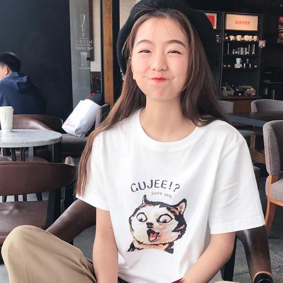 เสื้อยืดเรยอน แฟชั่นเกาหลี สกรีน GUJEE แมวตกใจ