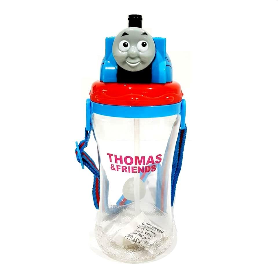กระติกน้ำมีหลอดดูด พร้อมสายสะพาย ลายรถไฟโธมัส ขวดใส กระบอกทรงเว้า
