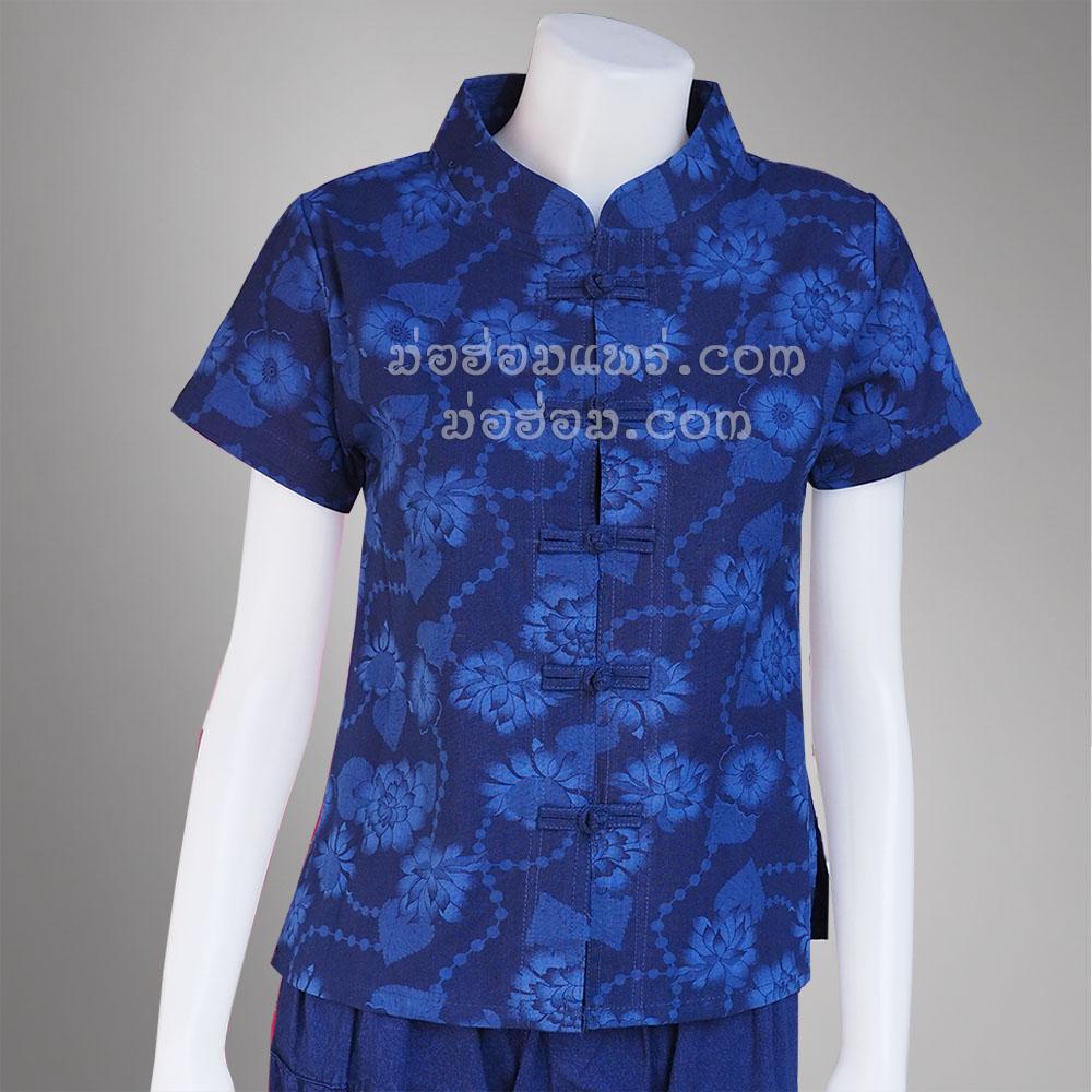 BM-135 เสื้อม่อฮ่อมคอจีน กัดลายกุหลาบโซ่ หญิงเข้ารูป แขนตรง กระดุมตรง BM-135 เสื้อม่อฮ่อมคอจีน กัดลายกุหลาบโซ่ หญิงเข้ารูป แขนตรง กระดุมตรง