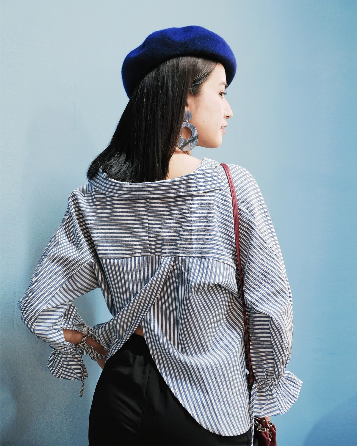 ST803-bowie cuff striped เสื้อเชือกแขนริ้ว แขนยาว จั้มแขน เปิดหลัง ลายริ้ว ลายทาง สีครีม สีน้ำตาล สีน้ำเงิน สีดำ