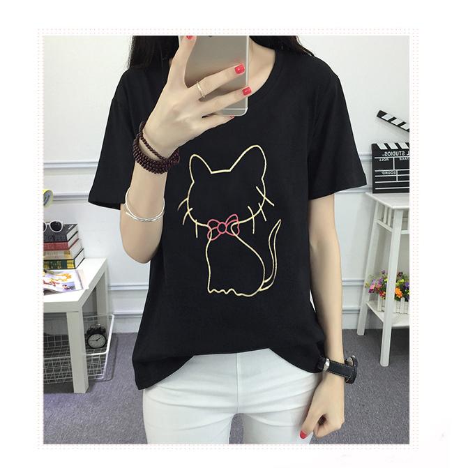 Korea เสื้อยืดแฟชั่น ผู้หญิง คอกลม แขนสั้นสกรีนลายแมว (สีดำ) รุ่น 5502