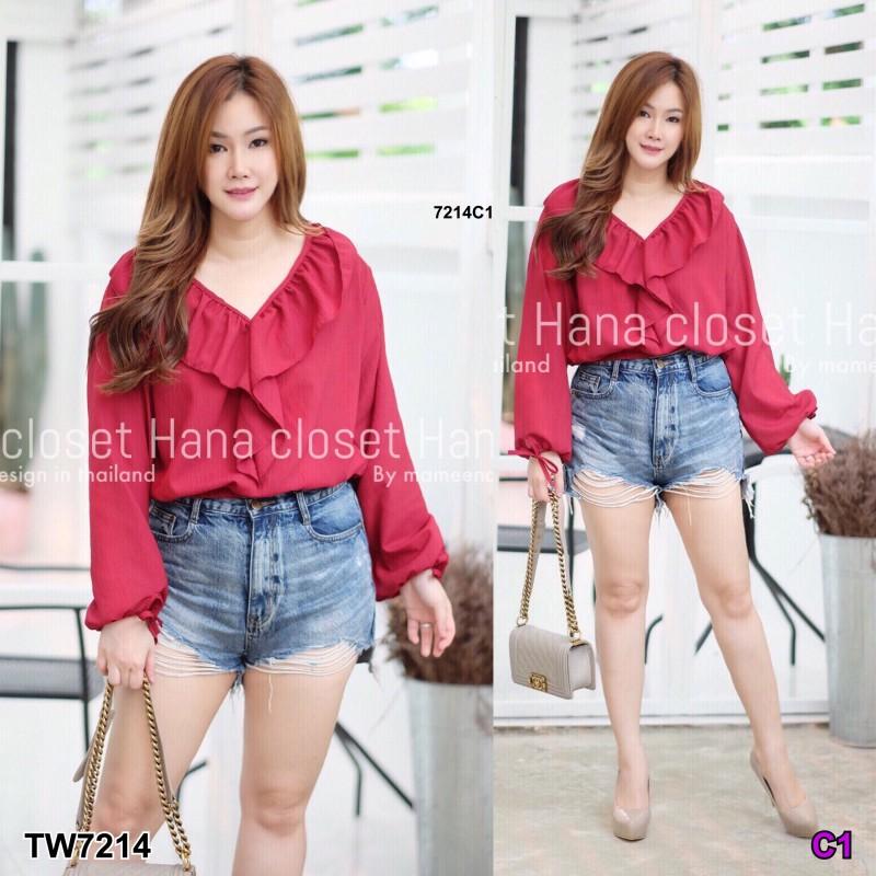 TW7214 เสื้อ #สาวอวบ คอวีระบาย แขนยาวผูกโบว์ **สอบถามก่อนสั่งซื้อ**