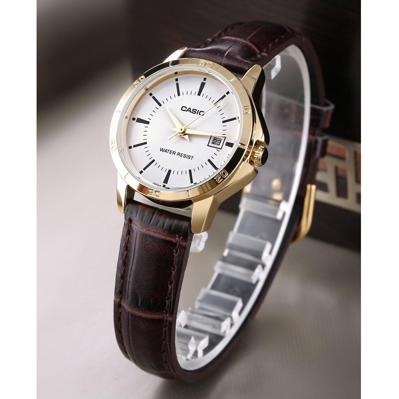 นาฬิกา Casio รุ่น LTP-V004GL-7A นาฬิกาข้อมือผู้หญิงสายหนัง สีน้ำตาล หน้าปัดขาว - มั่นใจ ของแท้ 100% ประกันศูนย์ 1 ปีเต็ม