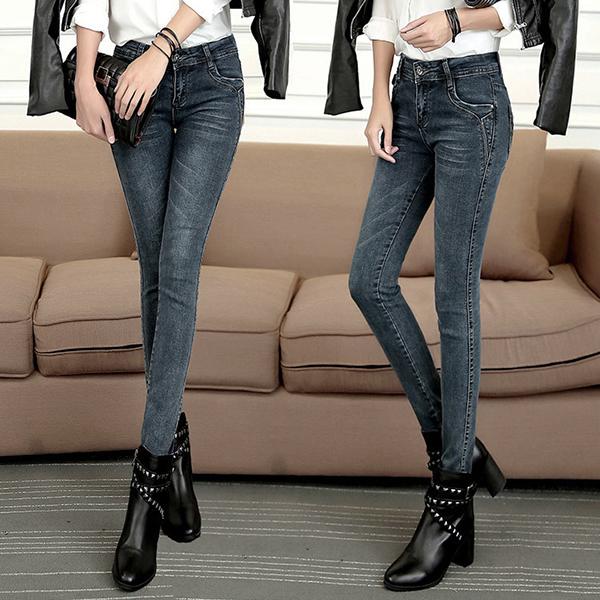 Ready4Girl กางเกงยีนส์ทรงสลิม รุ่นหนากันหนาวมีซับกำมะหยี่ (สีดำเทา)