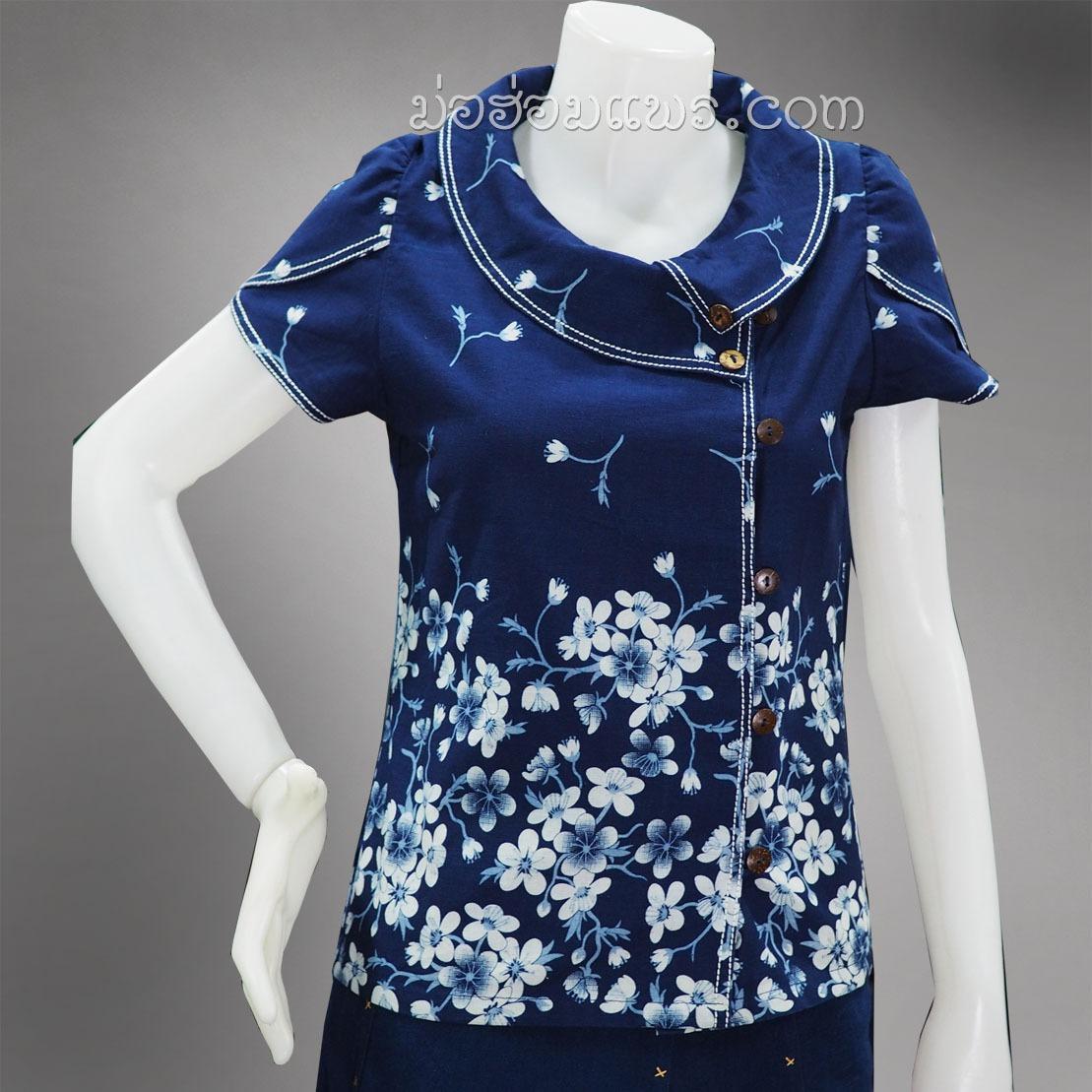 BM-11BB เสื้อม่อฮ่อมคอบัวป้าย ลายดอกดอกแก้ว แขนตุ้กตาซ้อน BM-11BB เสื้อม่อฮ่อมคอบัวป้าย ลายดอกดอกแก้ว แขนตุ้กตาซ้อน