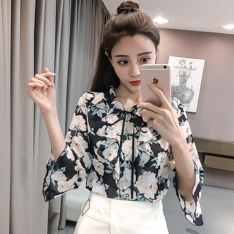 2018 เสื้อผ้าแฟชั่น สำหรับฤดูร้อนปกตั้งระบายข้างผูกเชือกลายดอกไม้เสื้อชีฟองสุภาพสตรีที่สง่างามแขนยาว 7 ส่วนเสื้อสวมหัวเสื้อเชิ้ตหญิง 2018 เสื้อผ้าแฟชั่น สำหรับฤดูร้อนปกตั้งระบายข้างผูกเชือกลายดอกไม้เสื้อชีฟองสุภาพสตรีที่สง่างามแขนยาว 7 ส่วนเสื้อสวมหัวเสื้อเชิ้ตหญิง