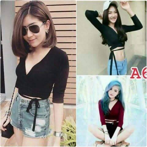 เสื้อเรย่อนแขนยาวคอวีไขว์ผูกเอว