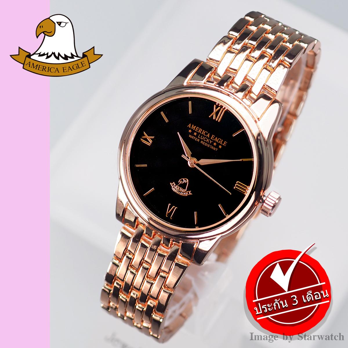 AMERICA EAGLE Watch นาฬิกาข้อมือผู้หญิง กันน้ำ สายสแตนเลส รุ่น AE074G - PinkGold / Black