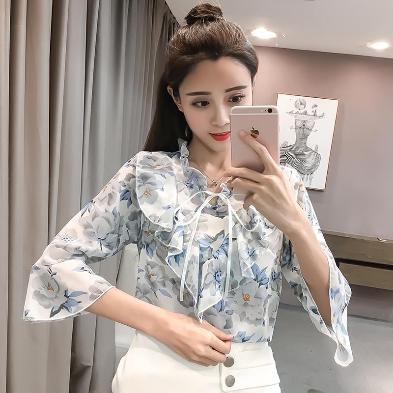 2018 เสื้อผ้าแฟชั่น สำหรับฤดูร้อนปกตั้งระบายข้างผูกเชือกลายดอกไม้เสื้อชีฟองสุภาพสตรีที่สง่างามแขนยาว 7 ส่วนเสื้อสวมหัวเสื้อเชิ้ตหญิง 2018 เสื้อผ้าแฟชั่น สำหรับฤดูร้อนปกตั้งระบายข้างผูกเชือกลายดอกไม้เสื้อชีฟองสุภาพสตรีที่สง่างามแขนยาว 7 ส่วนเสื้อสวมหัวเสื้อเชิ้ตหญิง