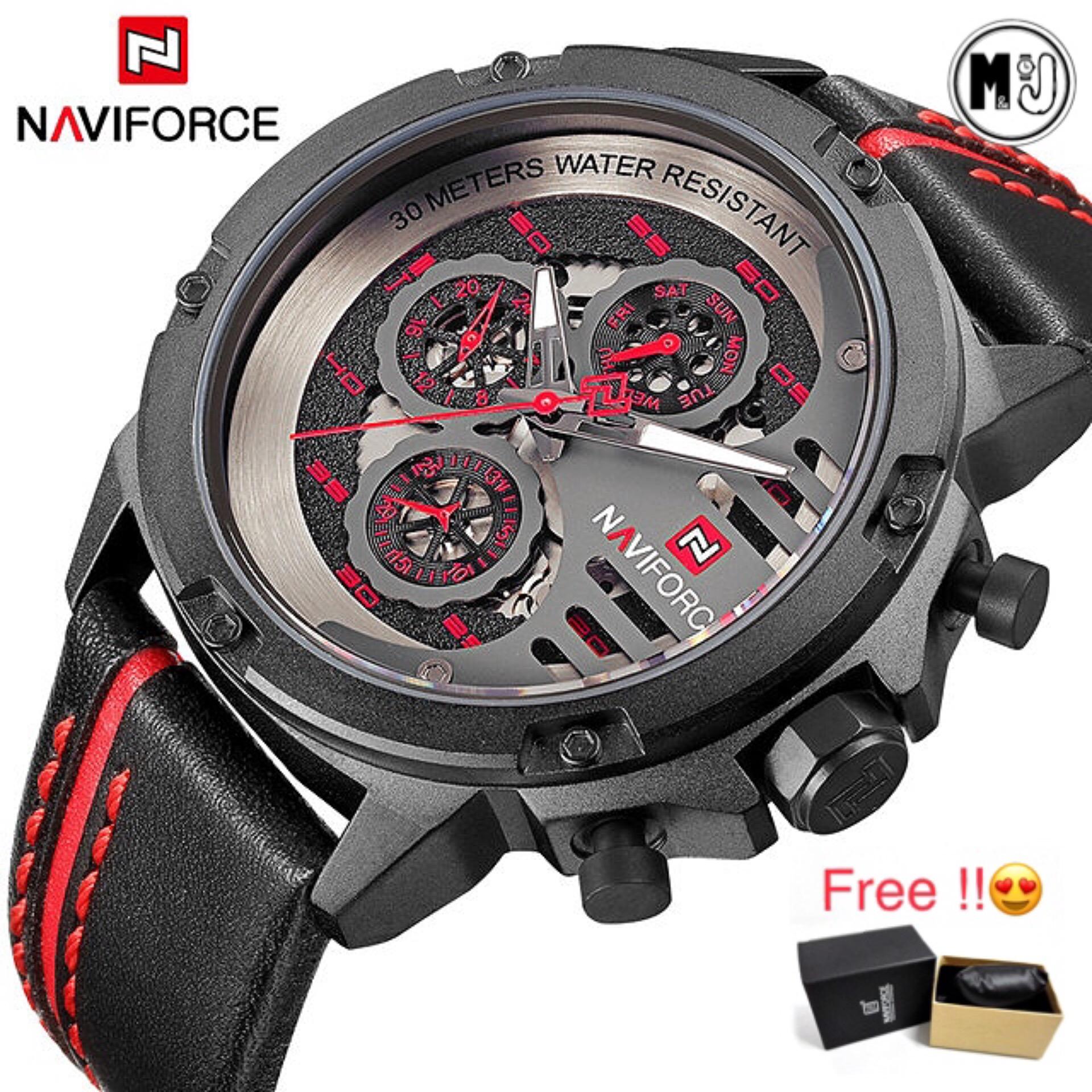 NAVIFORCE นาฬิกาข้อมือผู้ชาย รุ่น NF9110 Leather Black Red (100% New)