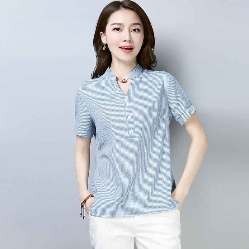 เสื้อสตรีผ้าลินิน แขนสั้น คอวี ทรงหลวม เสื้อสตรีผ้าลินิน แขนสั้น คอวี ทรงหลวม