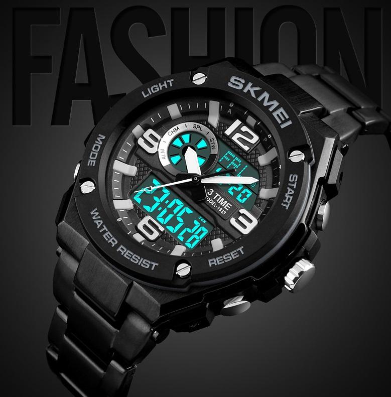 SKMEI 1333 นาฬิกาข้อมือผู้ชาย (ของแท้ 100% พร้อมกล่องครบเซ็ท) มัลติฟังชั่น สายสแตนเลส รุ่น SK1333