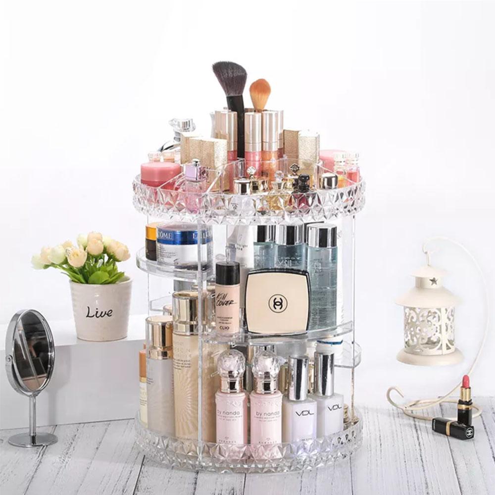 ชั้นวางเครื่องสำอางค์หมุนได้ 360 องศา ชั้นวางเครื่องสำอางค์อะคริลิคใสลายเพชร cosmetics boxes