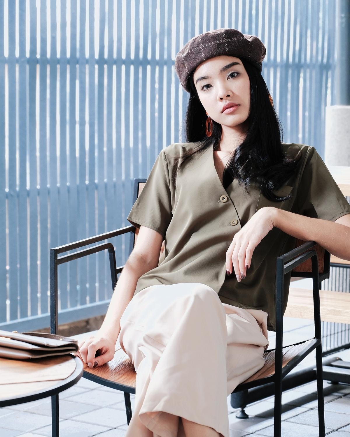 TP706-wrap front short sleeve top เสื้อเชิ้ตปกดุมเฉียงแขนสั้น สีม่วง สีเขียว สีส้ม สีเหลือง
