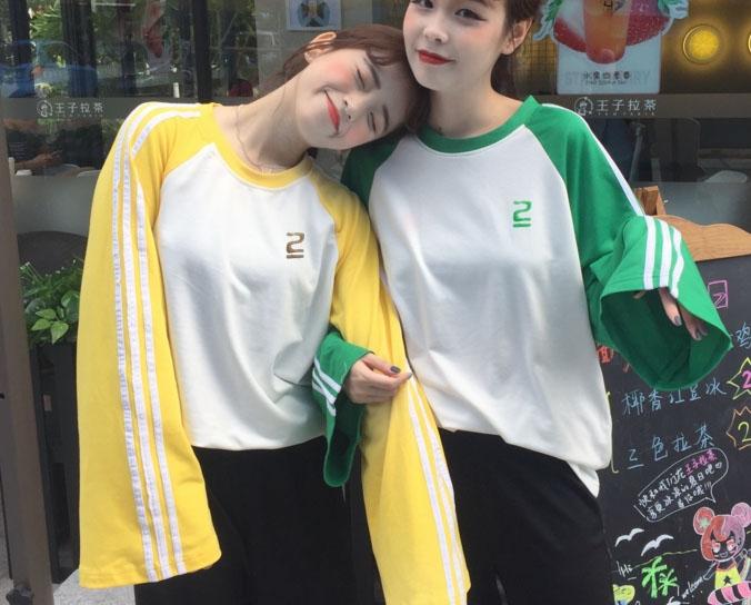 Tucky&Jiang เสื้อยืดแฟชั่น คอกลม แขนยาวลายแถบ แขนทูโทน ลาย 2 5740