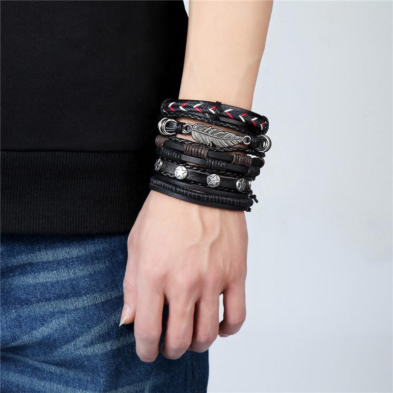 กำไลข้อมือหนัง สำหรับ ผู้ชาย 5PCS/Set Vintage Punk Wrap Leaf Leather Bracelets For Men 2018 Braid Rope bracelets & bangle Cuff Jewelry pulseira mascu 1 ชุด มี 5 ชิ้น